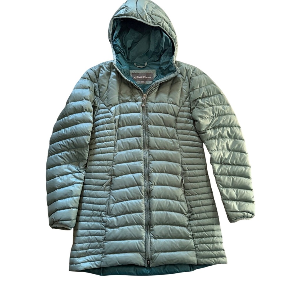 Eddie Bauer Puffer Parka Sage Green Goose Down Hooded Lightweight Quilted Medium